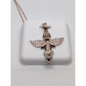 Rose Gold Vermeil 1ctw Moissanite Cherub Angel Pendant W/ 16–17in. Unisex Chai